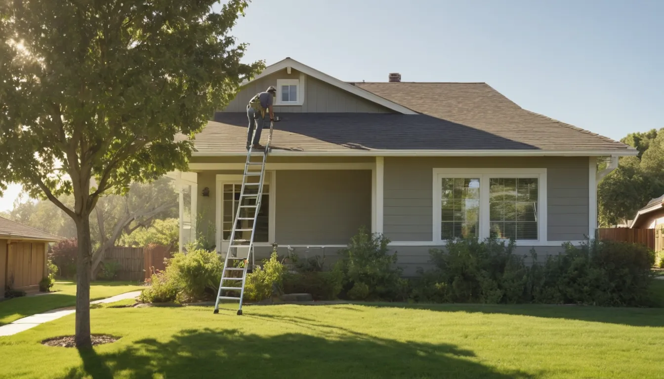 Wildlife removal provider checking a roofline vent on a home in Chanhassen while a homeowner watches from the yard